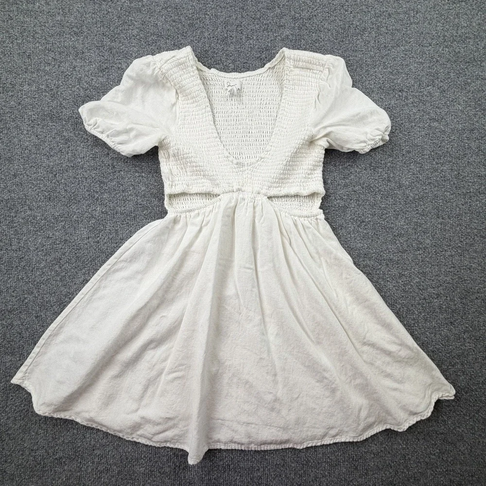 Japna White Smocked Mini Dress Puff Sleeve Boho Cottagecore S‎